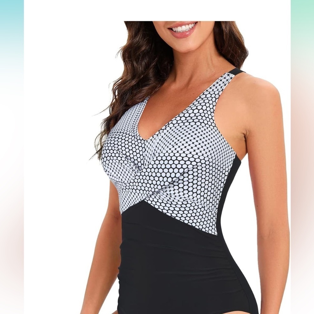 Women's Black and White One-Piece Swimsuit
Control Modest V Neck Swimwear